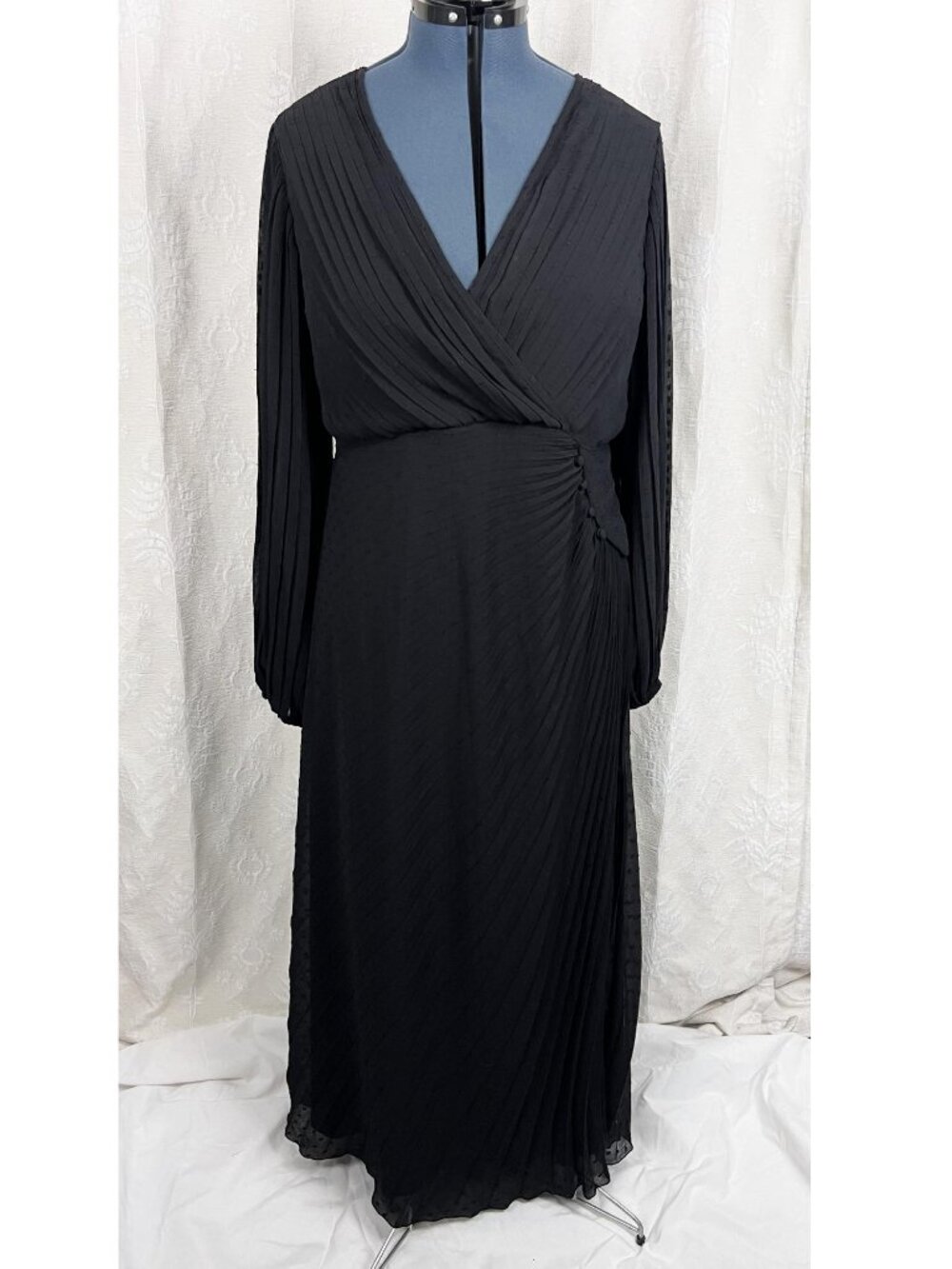 ASOS Design pleated wrap button detail maxi dress black side slit swiss dot US12